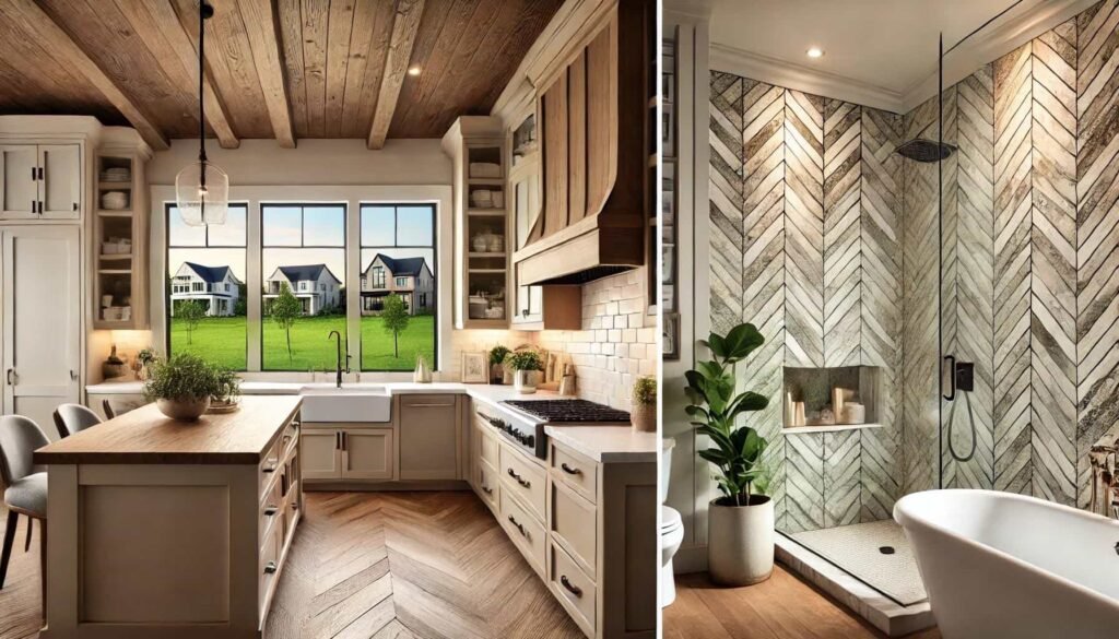A modern farmhouse kitchen with a trendy backsplash featuring neutral-toned subway tiles and a luxurious bathroom with statement shower walls in subtle patterns. The design highlights a mix of contemporary and farmhouse styles, with large windows offering a view of The Woodlands, Texas, showcasing stylish and functional home updates