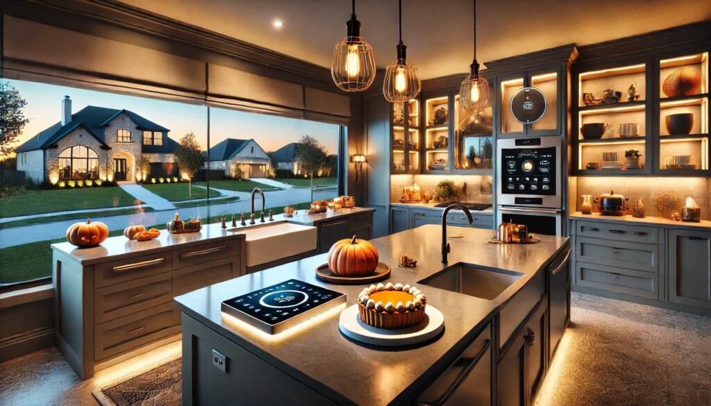 A modern kitchen and bathroom featuring smart lighting upgrades with dimmable LED fixtures and customizable hues. The kitchen showcases a soft, warm light over a pumpkin pie on the counter, while the bathroom mirror reflects a flattering glow. Large windows reveal a scenic view of The Woodlands, Texas, emphasizing cozy and energy-efficient lighting design.