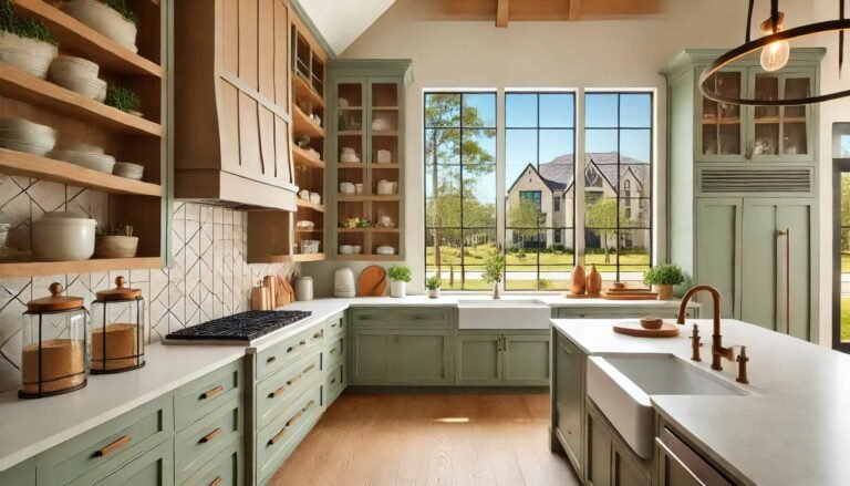 Modern farmhouse kitchen with soft green cabinetry, sleek quartz countertops, and open wooden shelving. The design includes a geometric tile backsplash, a farmhouse-style sink, and large windows providing natural light with a view of a suburban neighborhood in The Woodlands, Texas. The warm and inviting layout blends rustic and contemporary elements, perfect for a cozy and functional home