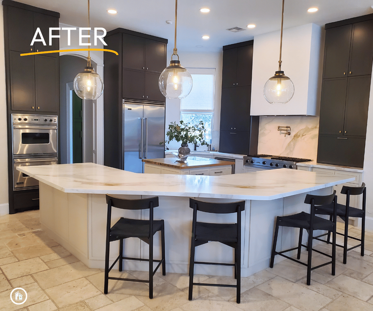 Modern kitchen remodel in The Woodlands with updated cabinets, quartz countertops and new lighting